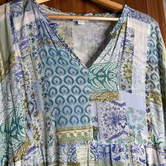 J. Jill Patchwork Blouse Women’s 2x Blue Green Long Sleeve Boho Hippie Bohemian - Picture 3 of 9